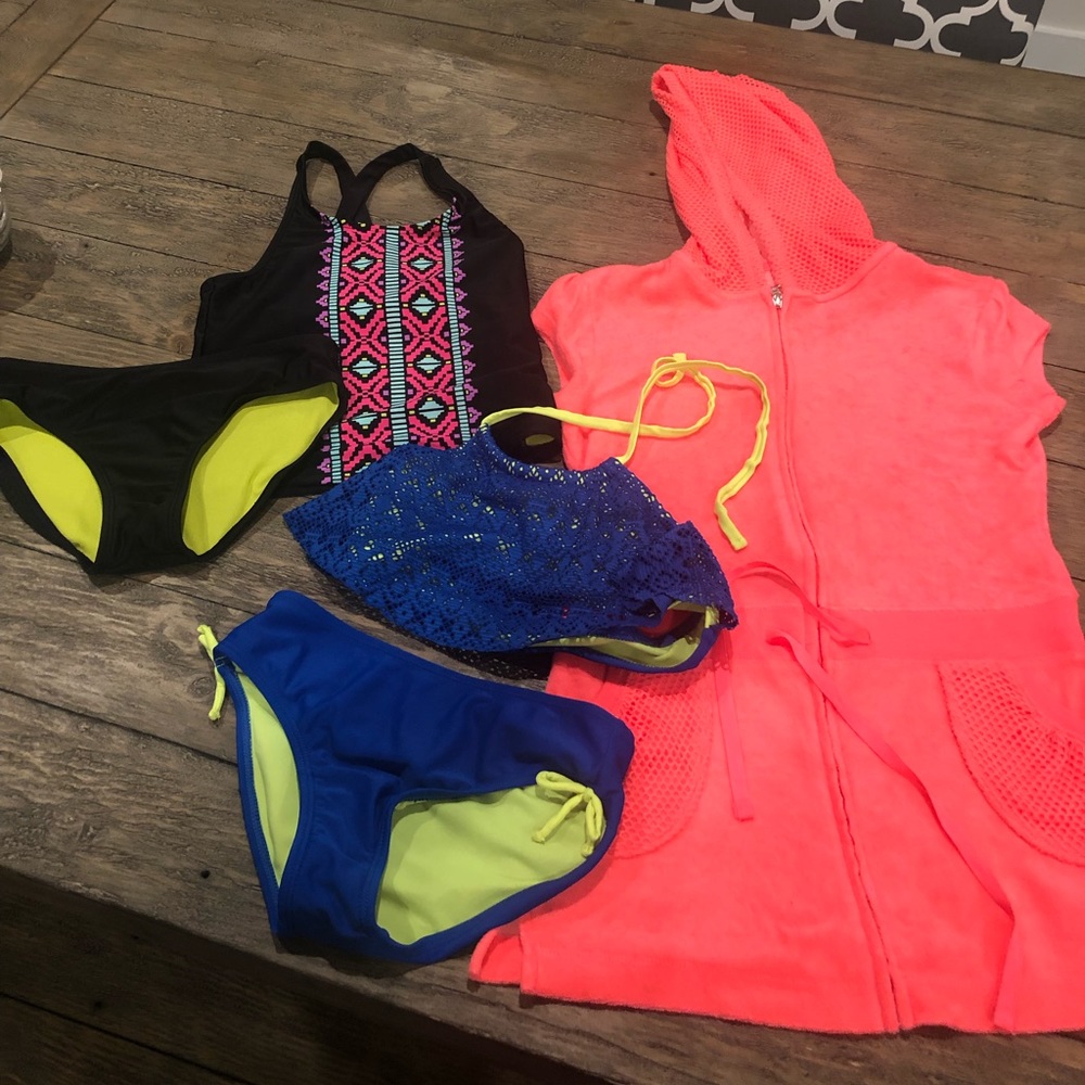 2 Summer bathing suits and Justice Cover up. 7/8